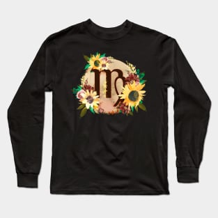 Virgo Zodiac Horoscope Maroon and Sunflower Floral Monogram Long Sleeve T-Shirt